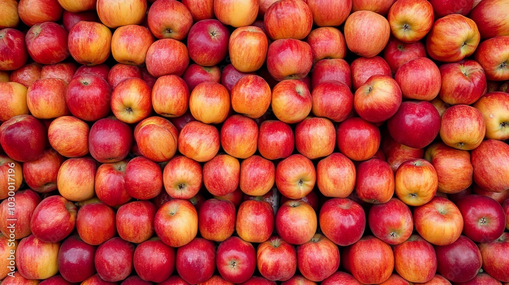 Bright Red Apples Neatly Stacked in a Pyramid Formation Bright Red Apples Neatly Stacked in a Pyramid Formation