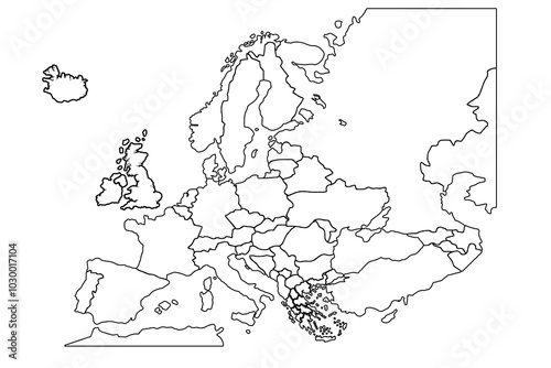 Vector Illustration of Outline Map of Europe in black.world map outline, linear doodle illustration.