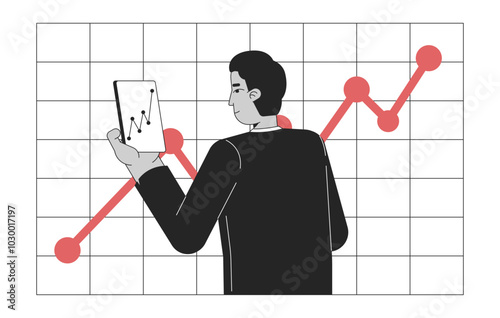 Monitoring sales growth black and white 2D illustration concept. Analysis financial. Businessman checking phone statistics outline character isolated. Digital business metaphor monochrome vector art
