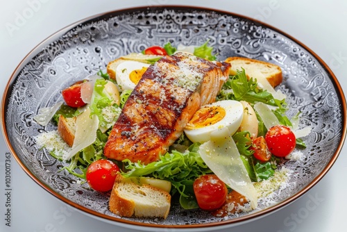 Caesar Salad with Grilled Salmon, Red Fish Fillet Salat, Quail Egg, Mini Baguette Crackers