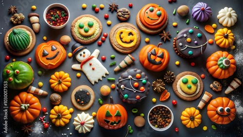 Variety of colorful Halloween cookies and treats arranged on a festive background