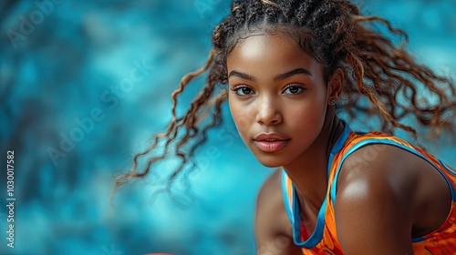 Action shot of a female basketball player in a colorful uniform.