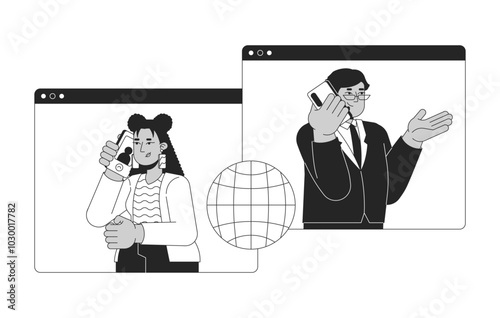 Digital employees communication global black and white 2D illustration concept. Consultation international call making outline characters isolated. Customer service metaphor monochrome vector art