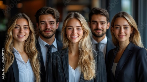 A group of five young professionals stand in a row, smiling at the camera. They are all wearing business attire.