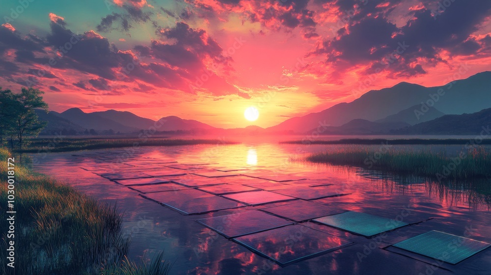 Obraz premium Solar farm panels placed on the river.