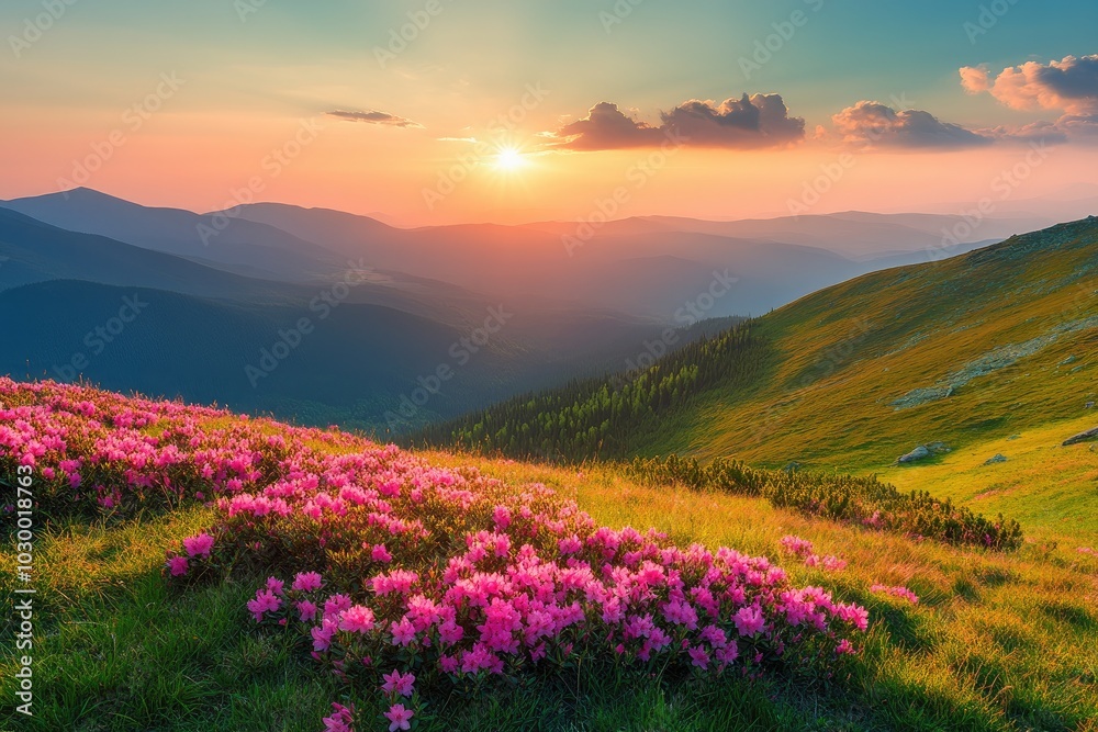 Fototapeta premium Pink flowers bloom on a hillside. Perfect for nature, travel, and beauty projects.