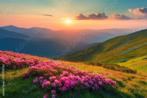 Pink flowers bloom on a hillside. Perfect for nature, travel, and beauty projects.