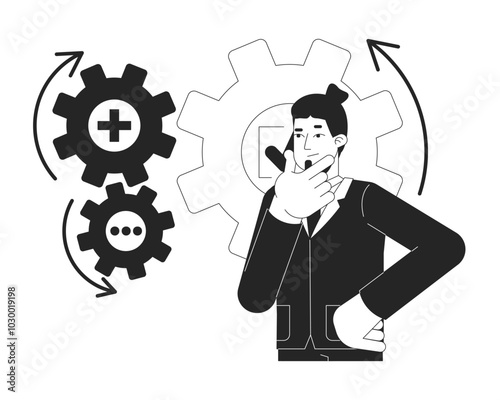 Brainstorming problem solving black and white 2D illustration concept. Gears business analyst rubbing chin outline character isolated. Project manager critical thinking metaphor monochrome vector art