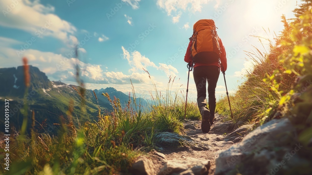 Naklejka premium Hiker Walking on a Trail with Scenic Mountain View in the Background