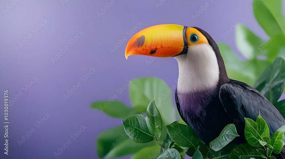 Naklejka premium Striking studio shot of a vivid toucan bird perched against a bright purple background showcasing its captivating beak and feathers in a sci fi inspired tetradic color scheme