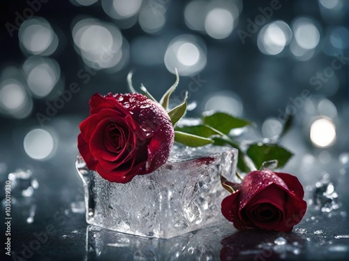 Conceptual Still Life Portrait of Two Fresh Roses with Ice Cubes Below and a Blurred Lights Background