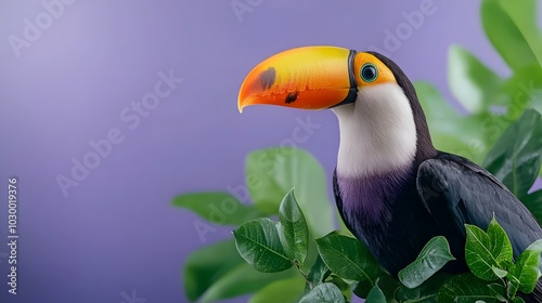 Striking studio shot of a vivid toucan bird perched against a bright purple background showcasing its captivating beak and feathers in a sci fi inspired tetradic color scheme photo