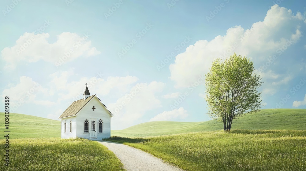 Peaceful Church Landscape Under Blue Sky