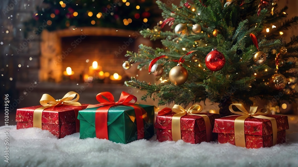 Christmas pictures, pine trees decorated with glittering decorations and lots of gift boxes. Christmas pictures, pine trees decorated with glittering decorations and lots of gift boxes.