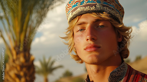 Caucasian man wearing traditional uyghur ethnic cloth at desert with palm tree photo