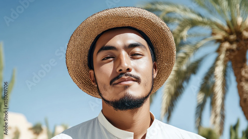 Hispanic man wearing traditional uyghur ethnic cloth at desert with palm tree photo