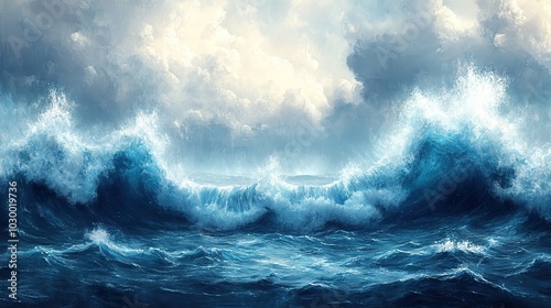 Abstract blue sea with giant wave drawing concept.