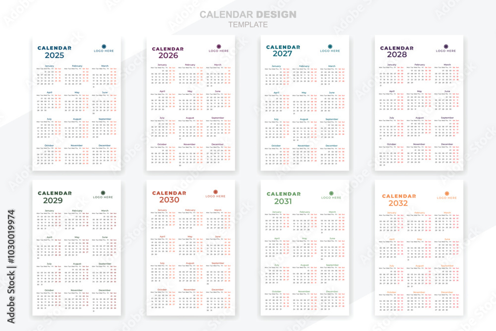 Calendar 2025, 2026, 2027,2028, 2029, 2030, 2031, 2032 set collection vector design Calendar 2025, 2026, 2027,2028, 2029, 2030, 2031, 2032 set collection vector design