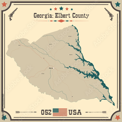 Large and accurate map of Elbert County, Georgia, USA with vintage colors.