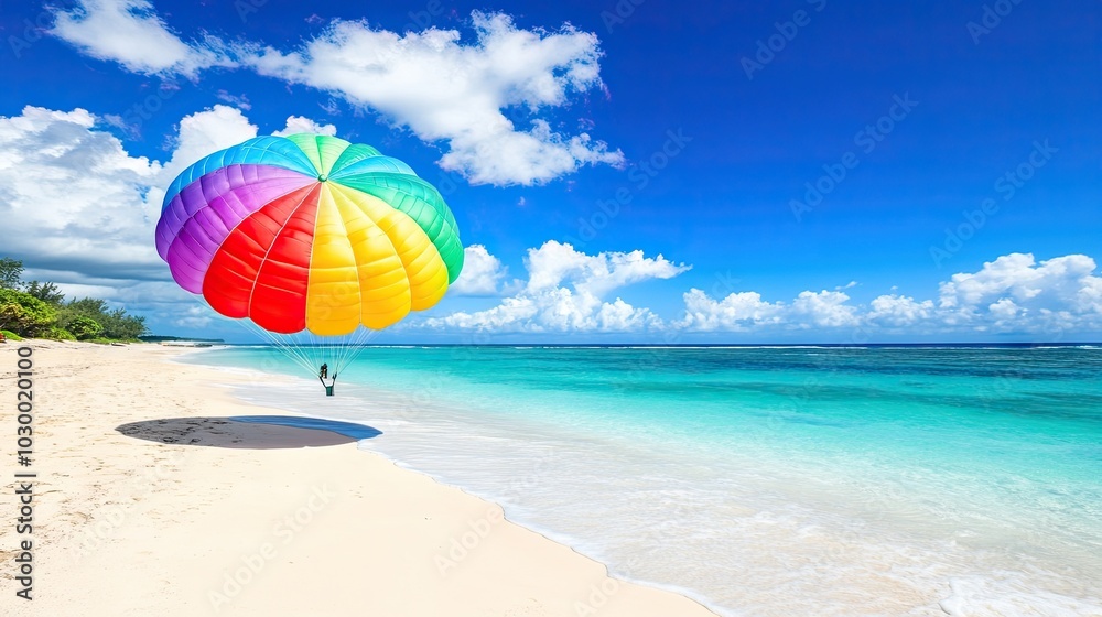 Colorful Parasail Over Stunning Tropical Beach Scene Colorful Parasail Over Stunning Tropical Beach Scene