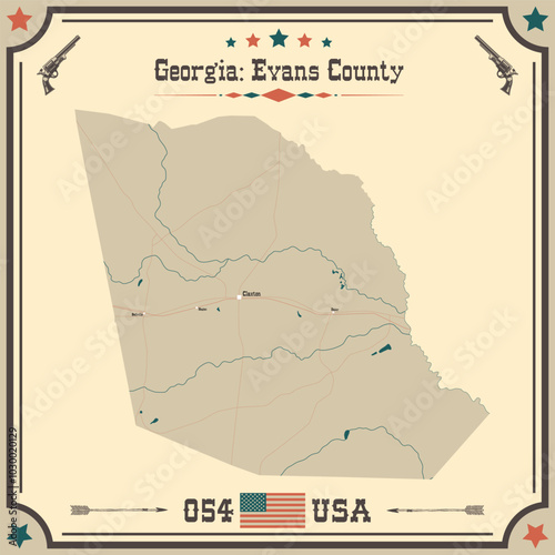 Large and accurate map of Evans County, Georgia, USA with vintage colors.