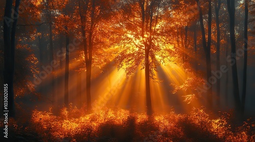 Sunrays illuminating a beautiful autumn forest scene.