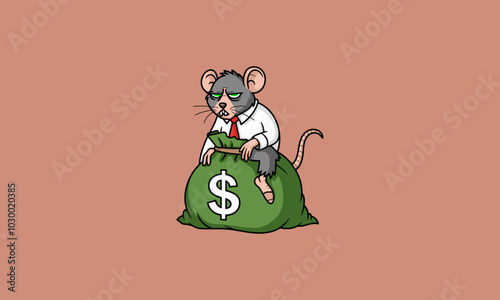 Greedy rat in a suit leaning on a bag of money with coins.