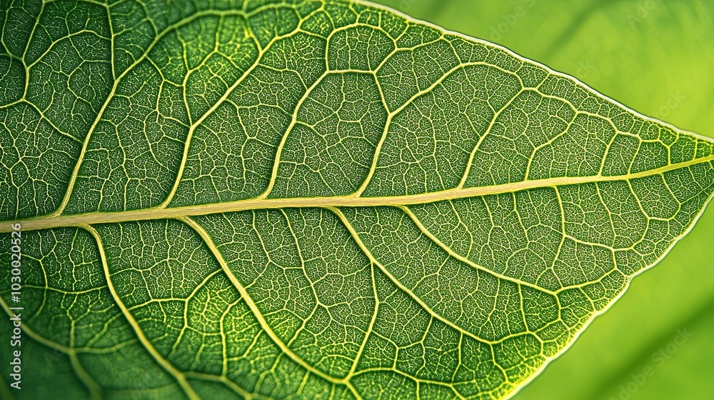 Fototapeta premium Immerse yourself in the vibrant tapestry of nature with this stunning closeup of a pristine leaf. Its verdant hue and intricate veins evoke the raw beauty of the natural world