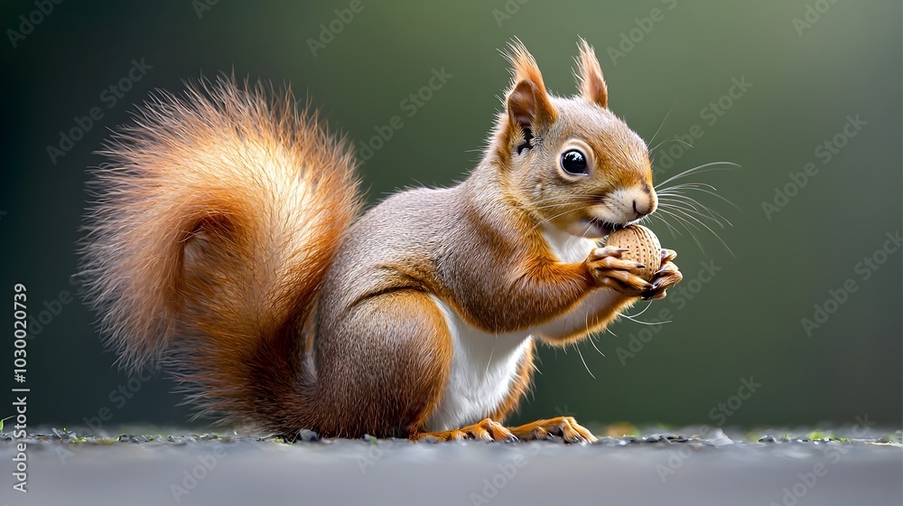 Closeup side view of a red squirrel holding a nut against a soft lavender background showcasing its bushy tail and advanced color tones in a tetradic color scheme Closeup side view of a red squirrel holding a nut against a soft lavender background showcasing its bushy tail and advanced color tones in a tetradic color scheme