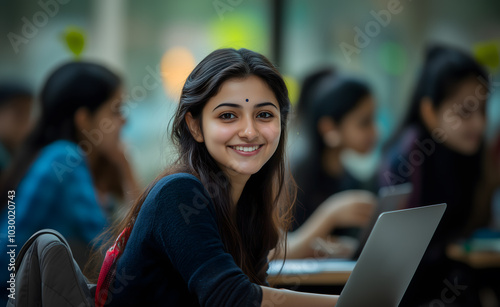 indian students in the office, with one student sitting at her laptop, smiling and looking directly into the camera 