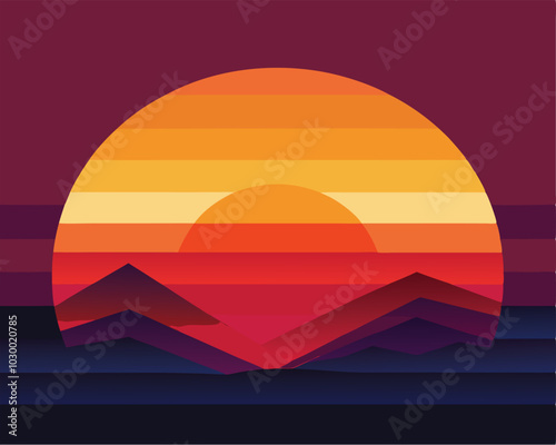 Layered vector sunset background illustration. 
sunset in the mountains. sunset in the desert. sunset over the mountains. Adobe stock. EPS 10.