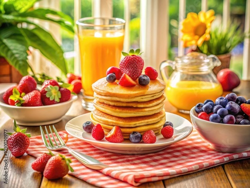 Deliciously fluffy pancakes adorned with ripe berries, paired with a glass of freshly squeezed orange juice, brighten any breakfast table and elevate the morning.