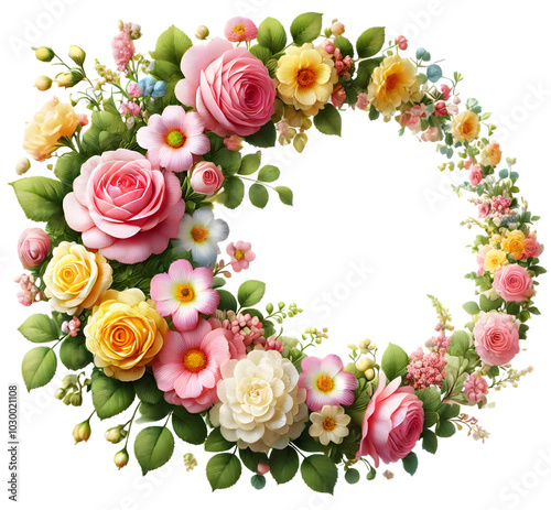 This vibrant floral wreath features a variety of flowers, including pink roses, yellow roses, daffodils, daisies, and camellias. They show a variety of shades of pink, yellow, and soft white.