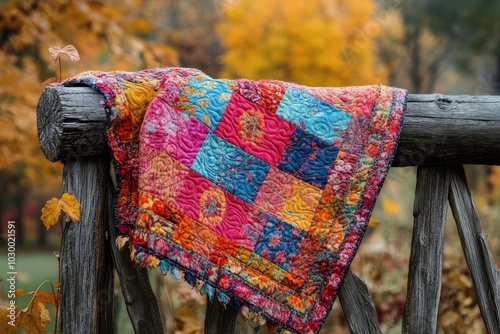 Colorful quilt draped on a wooden fence. This photo is perfect for projects related to home decor, autumn, and cozy vibes. photo