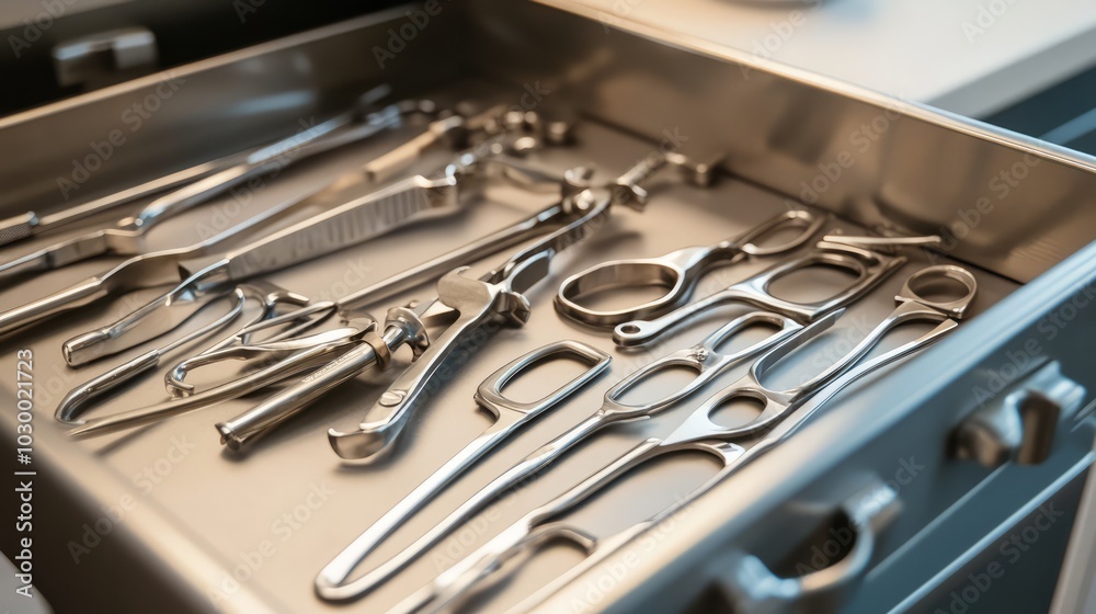 Fototapeta premium Surgical Instruments in Drawer: A close-up view of a drawer filled with gleaming surgical instruments, ready for use in a sterile environment.