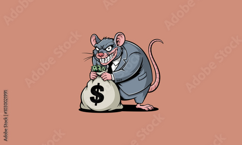 Greedy rat in a suit clutching a bag of money with cash.