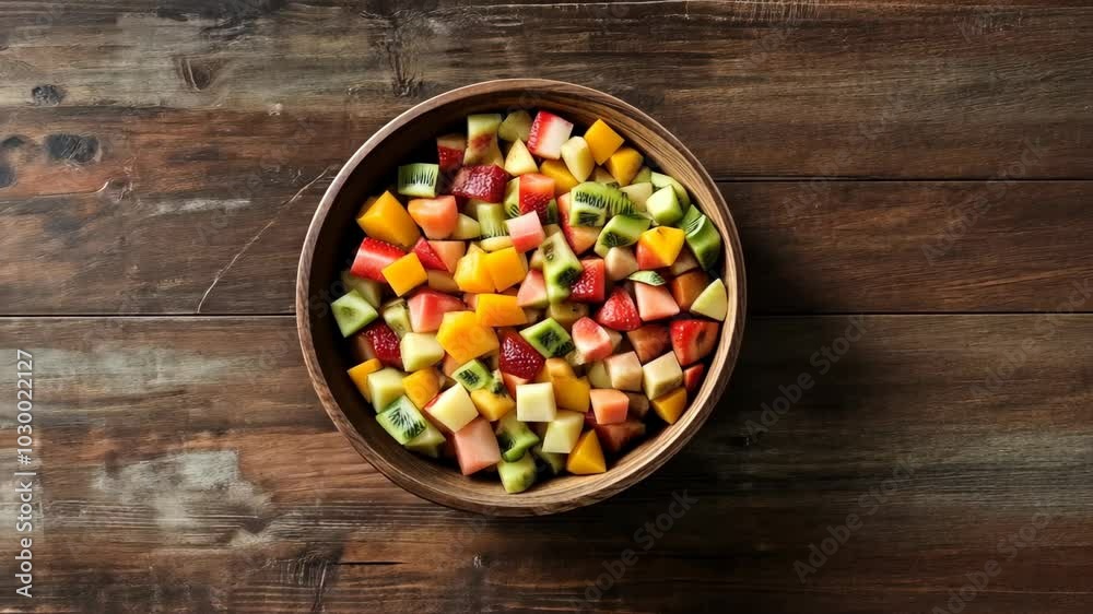 A bowl of diced fruit salad sits on a wooden table A bowl of diced fruit salad sits on a wooden table