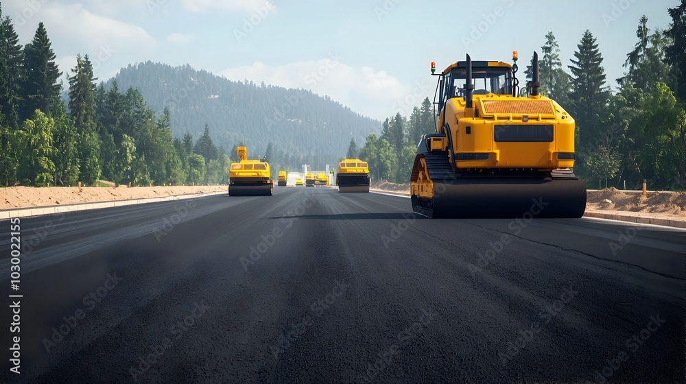 Obraz premium Cutting Edge Autonomous Asphalt Paving Project Revolutionizing Road Construction