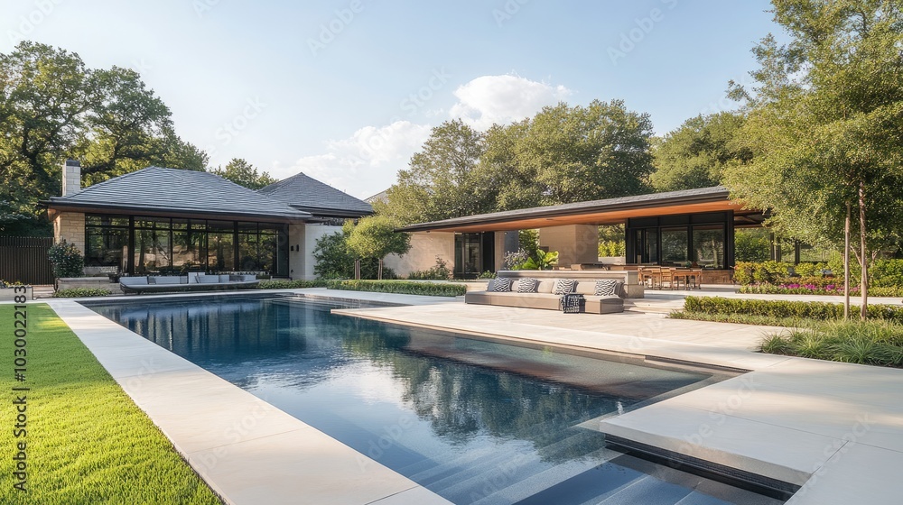 Fototapeta premium Modern House with Pool and Lush Landscape