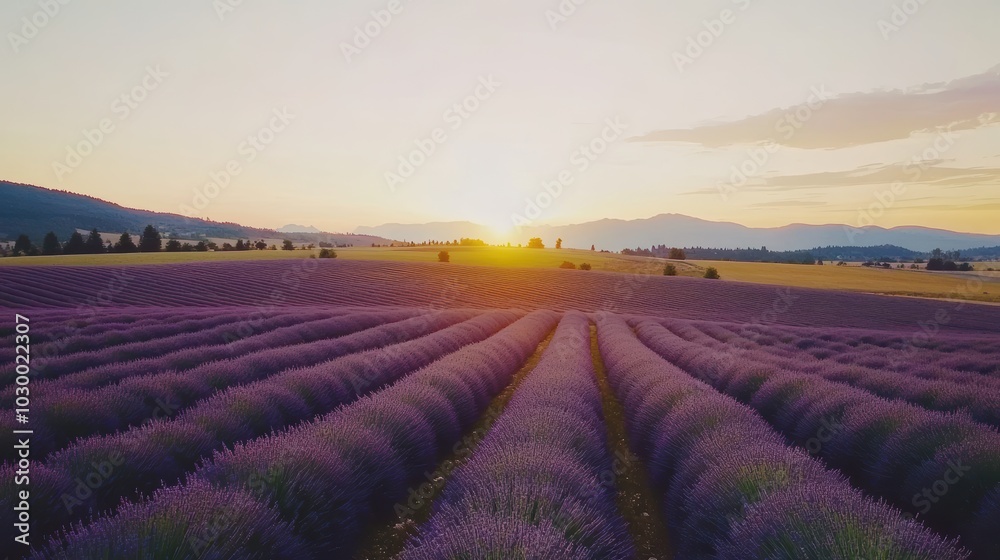 Expansive Lavender Fields in Full Bloom at Sunset Expansive Lavender Fields in Full Bloom at Sunset