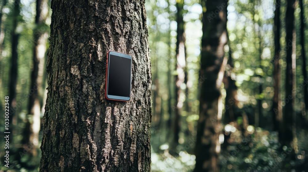 Fototapeta premium Lost Connection: Smartphone nestled in a forest tree trunk. A digital device in a natural setting. Exploring themes of disconnect, nature, technology, and the outdoors. 