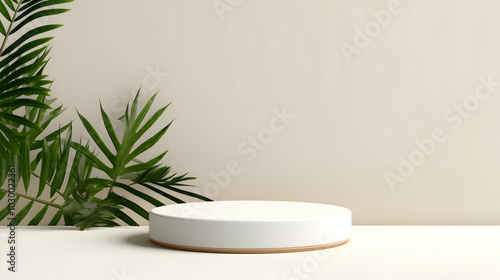 A minimalist display featuring a round white platform against a neutral wall, complemented by a lush green plant.