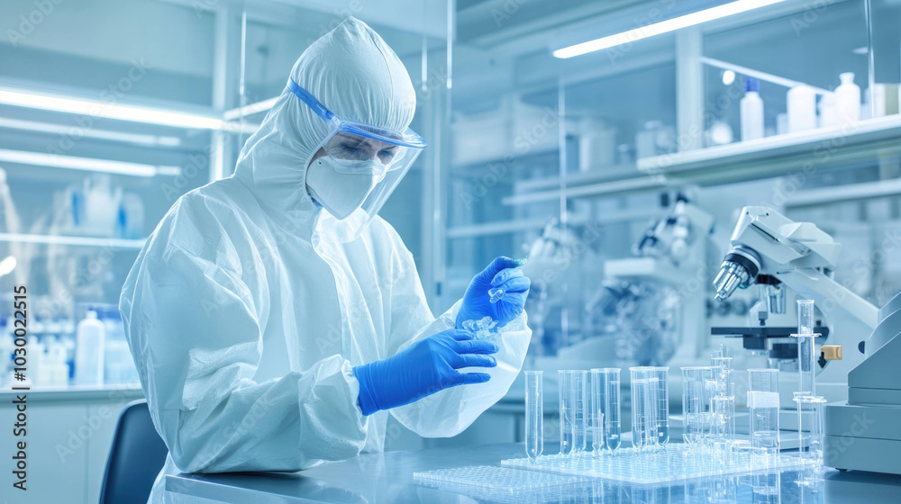 scientist in protective suit carefully prepares samples in laboratory, showcasing focus on safety and precision in sterile environment scientist in protective suit carefully prepares samples in laboratory, showcasing focus on safety and precision in sterile environment