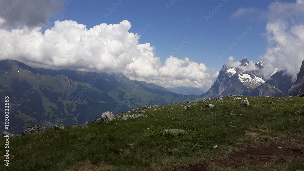 Fototapeta premium Panoramic view of Alps in Switzerland. Rock, high mountains in South Europe. 