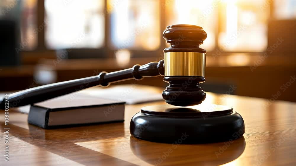 A gavel rests on a wooden desk, symbolizing justice and legal proceedings in a courtroom. Full HD or 4K Footage Video Animation A gavel rests on a wooden desk, symbolizing justice and legal proceedings in a courtroom. Full HD or 4K Footage Video Animation