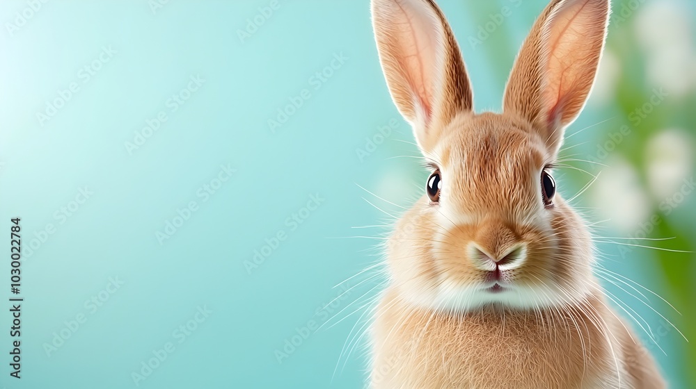 Obraz premium Adorable and fluffy rabbit sitting on a soft green backdrop with studio lighting creating a perfect image for Easter themed holiday inspired artwork