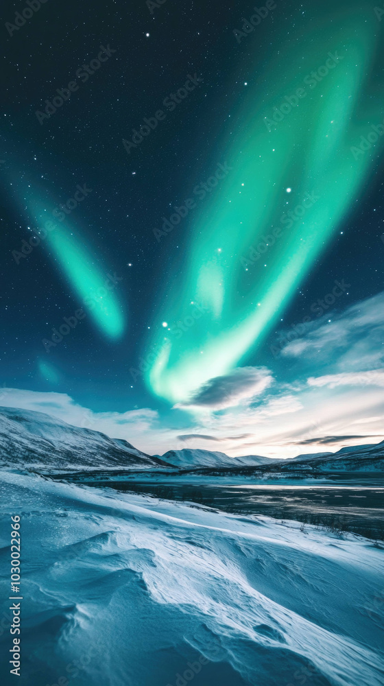 Fototapeta premium stunning aurora borealis illuminates snowy landscape, creating magical atmosphere under starry sky. vibrant green lights dance above serene terrain, captivating all who witness it