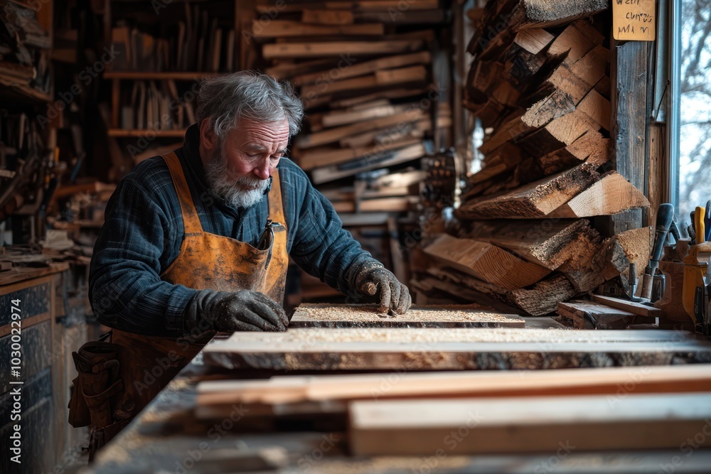 Skilled Craftsman Concentrating in Traditional Woodworking Workshop Skilled Craftsman Concentrating in Traditional Woodworking Workshop