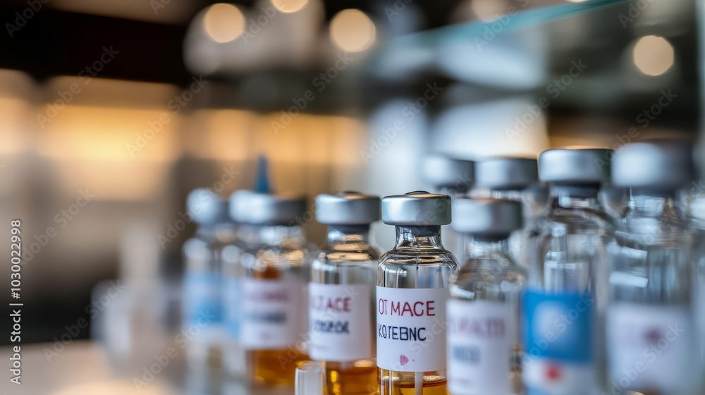 Vials of Hope: A row of glass vials, each containing a clear liquid and a label, sit on a shelf in a laboratory, symbolizing the potential for breakthroughs and advancements in medicine. Vials of Hope: A row of glass vials, each containing a clear liquid and a label, sit on a shelf in a laboratory, symbolizing the potential for breakthroughs and advancements in medicine.