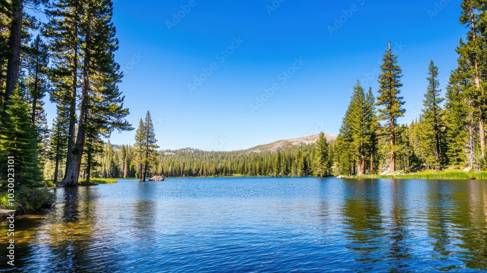 Serene Lake Surrounded by Towering Pine Trees Serene Lake Surrounded by Towering Pine Trees